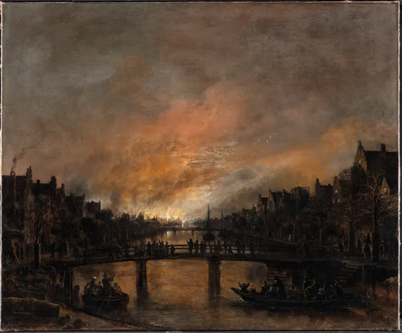 Fire at Amsterdam by Night, oil painting by Aert van der Neer showing a crowd illuminated by flames.