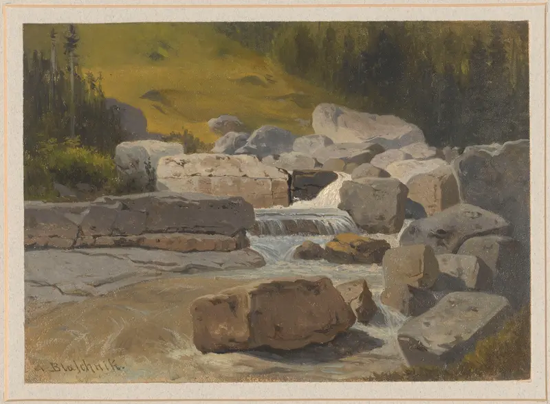 Mountain stream by Arthur Blaschnik, depicting cascading water and lush foliage, medium unknown.