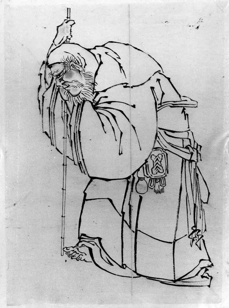 A solitary hermit with a staff stands in a sparse landscape, embodying themes of meditation and isolation.