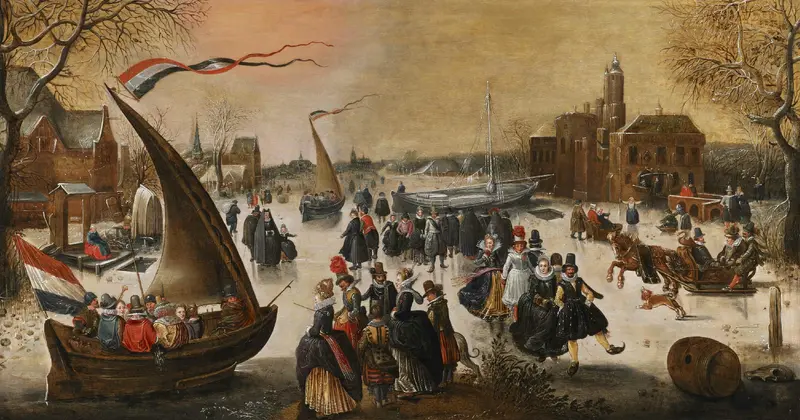 A winter landscape depicting elegant skaters on a frozen lake with a distant town and ice-breakers.
