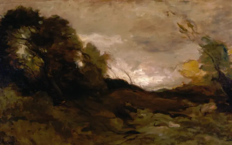 Vallée Solitaire by Jean-Baptiste-Camille Corot, oil on canvas depicting a tranquil landscape with trees and a river.
