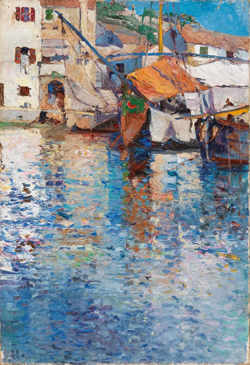 A Sunny Day in the Old Harbour by Leontine von Littrow, impressionism, depicting boats in a sunlit harbor.