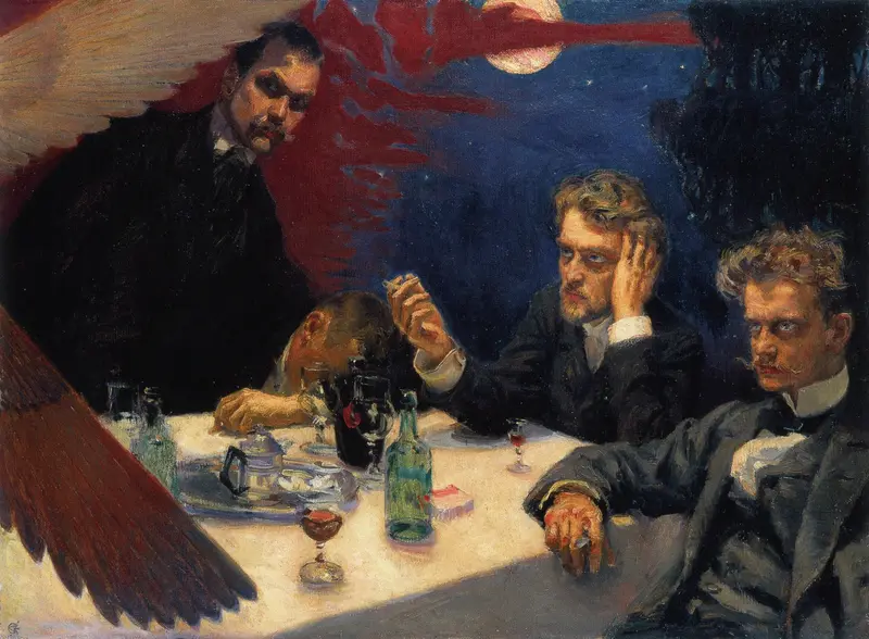 A dramatic scene with four men around a table, illuminated by a large wing casting shadows, evoking a sense of intensity and introspection.