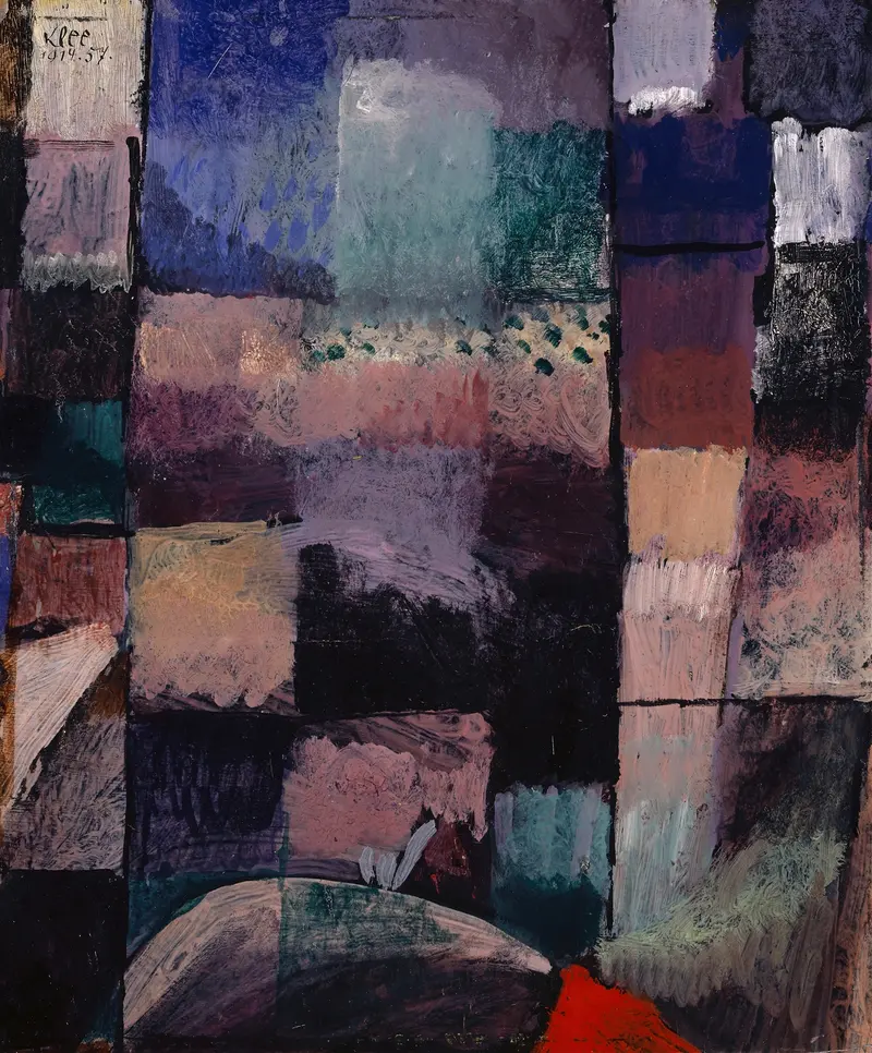Abstract composition by Paul Klee, 1914, featuring vibrant hues and soft light.