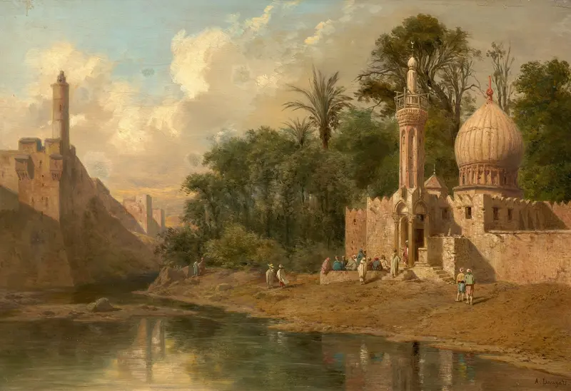 Landscape with ruins under a soft sky, oil on canvas by Adrien Dauzats