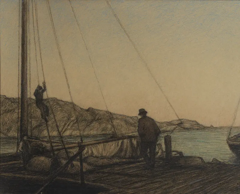 The Quay by Karl Nordström, oil on canvas depicting a solitary figure on a dock.