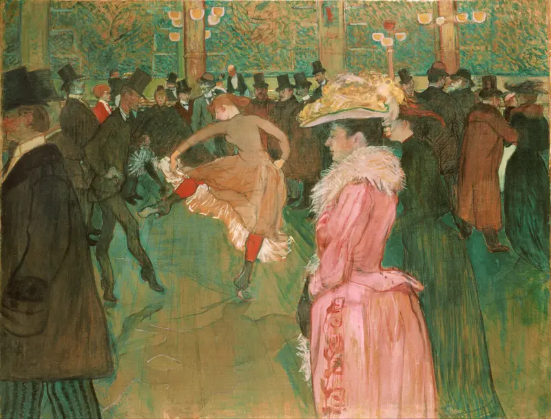 A dancer in a swirling brown dress kicks her leg high in a crowded dance hall surrounded by men in dark coats and a woman in a pink dress.