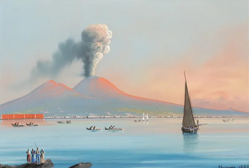 Eruption of Mount Vesuvius, oil on canvas by Italian School, showing townsfolk fleeing from lava.
