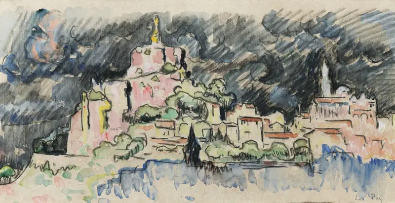 Landscape with stormy sky and swirling clouds by Paul Signac, oil painting