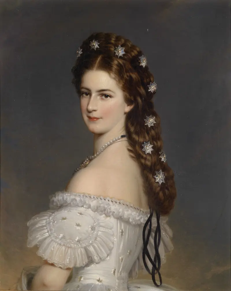 This painting depicts Empress Elisabeth of Austria adorned with diamond stars.