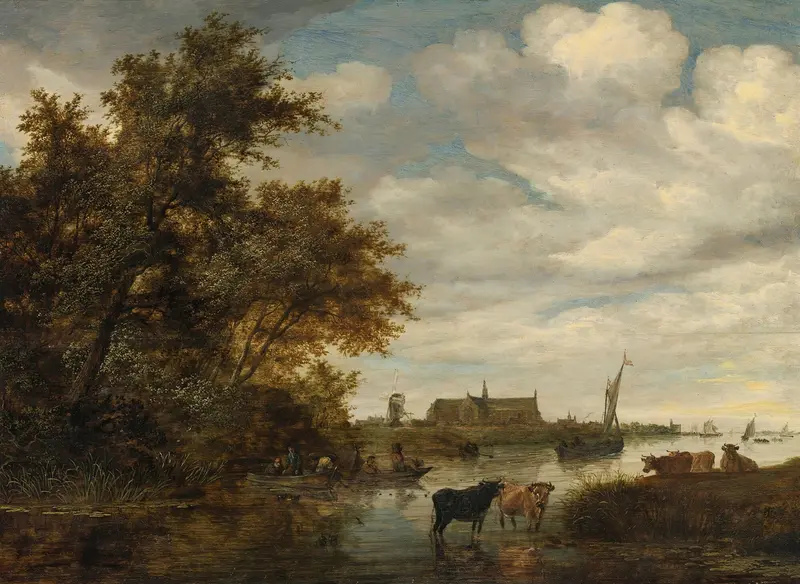 River landscape with fishermen and cattle, oil on canvas by Jacob Salomonsz. van Ruysdael