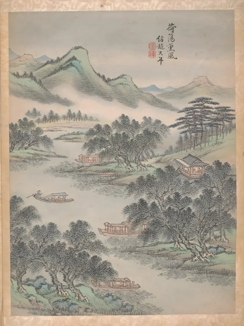 Eight Landscapes Pl.3 by Lu Han, depicting a river and hills in ink wash