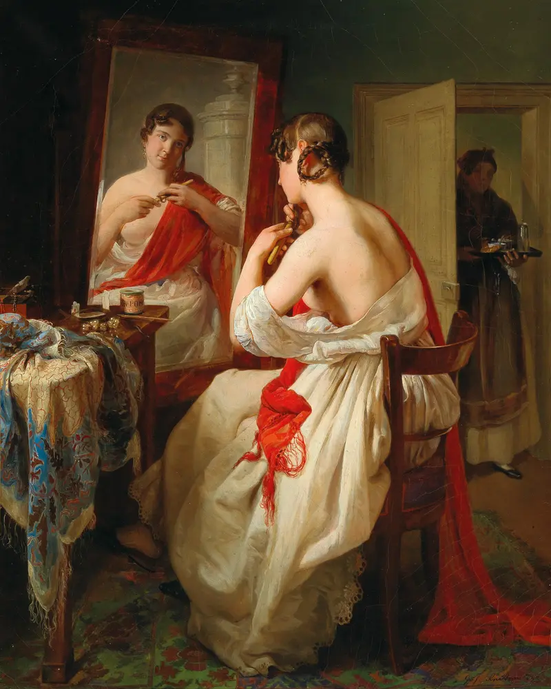A painting titled 'The Toilet' by Johann Baptist Reiter depicting a domestic scene.