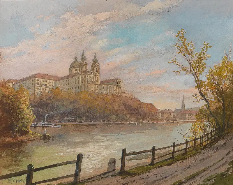 Stift Melk by Georg Janny, oil on canvas depicting an abbey landscape with clouds and light.