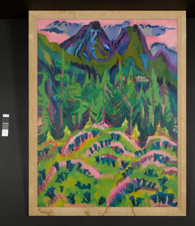 A vibrant alpine meadow with bold gentian flowers and jagged peaks under a lilac and rose sky.