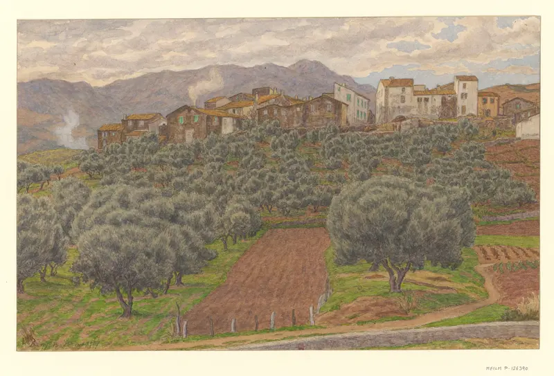 Landscape of Banyuls by Henri Rivière, depicting hills and sea, oil painting