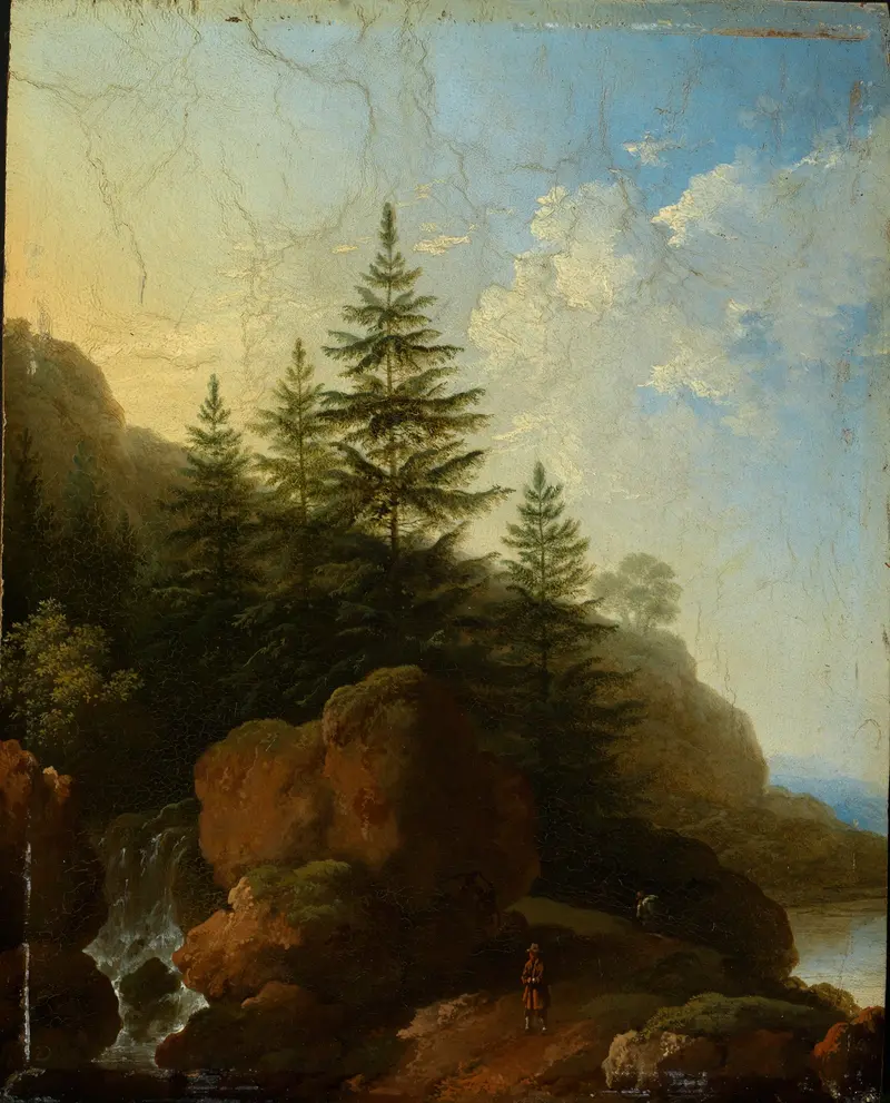 Landscape with waterfall and mountains, oil painting by Christian Wilhelm Ernst Dietrich