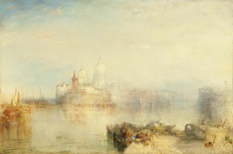 A golden haze envelops Venice’s Dogana and Santa Maria della Salute with boats, gondolas, and figures along the waterfront under soft light.