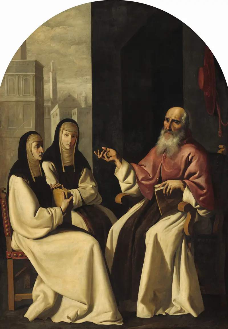Saint Jerome is depicted studying with Saint Paula and Saint Eustochium in a contemplative scene.