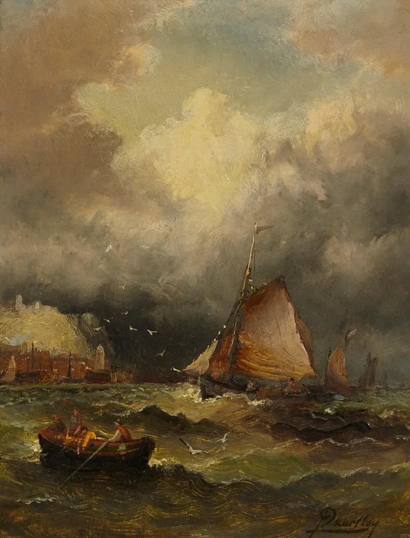 A coastal scene depicting men in small boats navigating turbulent waters with a distant town shrouded in atmospheric haze.