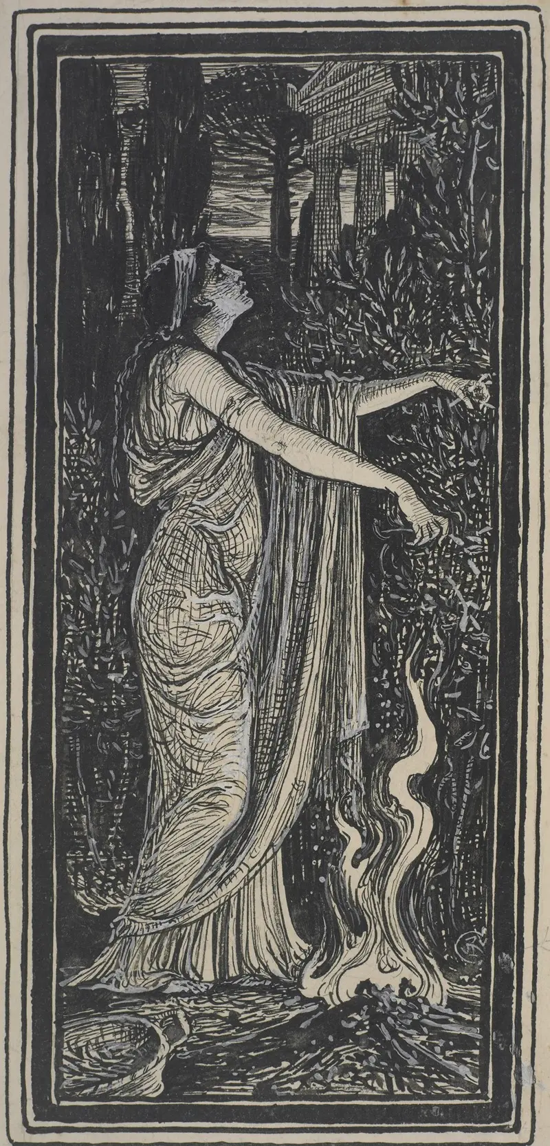 Walter Crane's 'Myrto’s invocation' depicts a mythological scene with vibrant colors.
