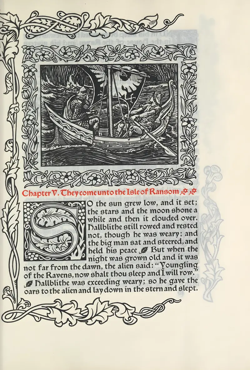 Walter Crane's 'Chapter V. They come unto the Isle of Ransom' depicts a mythical scene with vibrant colors.