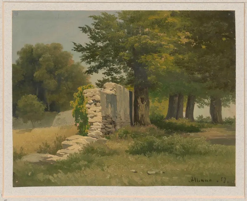 Ruined wall near Albano by Arthur Blaschnik, oil painting depicting light on stone