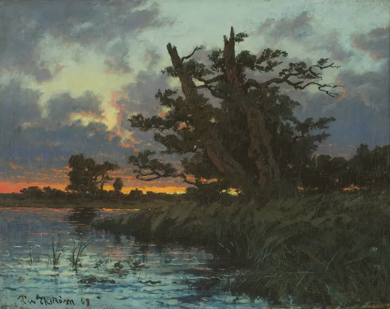 Landscape after Sunset by Per Ekström, oil painting depicting a twilight sky with vibrant colors.