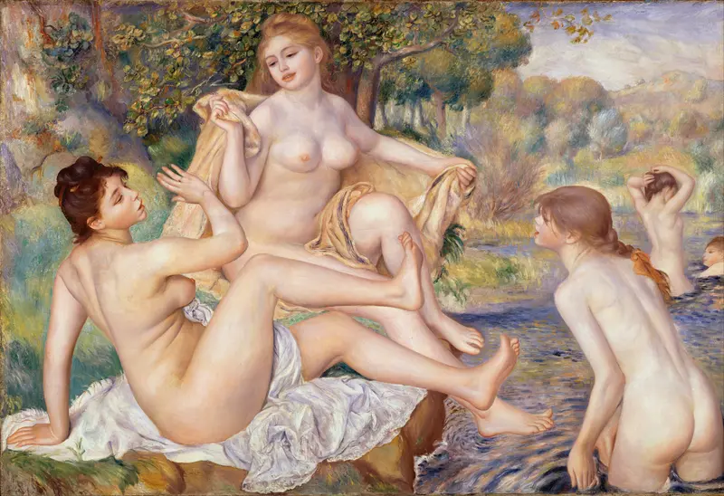 Two nude women sit side by side on a white cloth at the water’s edge in a sunlit wooded landscape, one leaning back with her left arm raised.