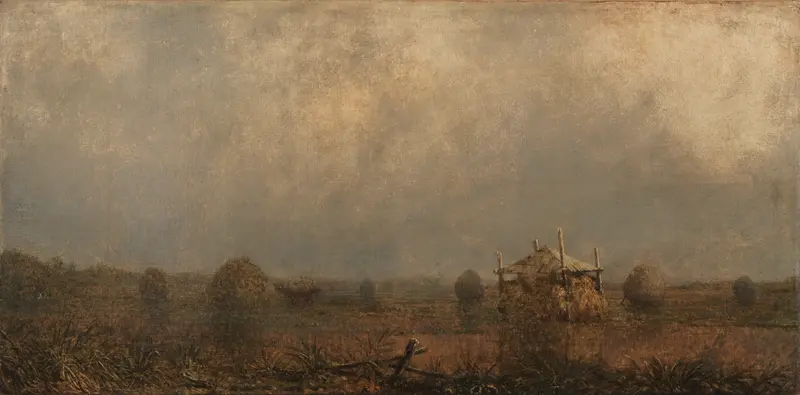 High Tide on the Marshes, oil on canvas by Martin Johnson Heade, depicts a tranquil sunset over marshes.