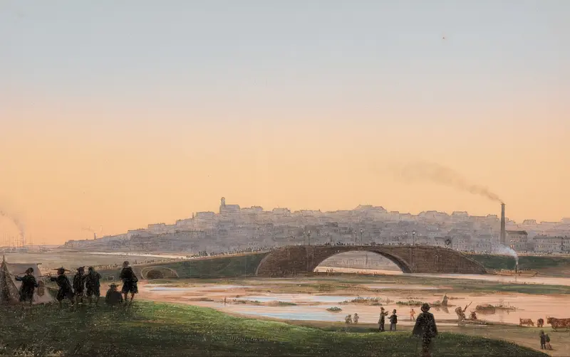 Melbourne from across the Yarra, oil on canvas by Ludwig Becker, depicting a sunset over the river.