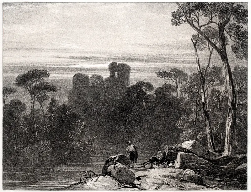 Bothwell Castle by Richard Parkes Bonington, oil painting of a crumbling castle in a lush landscape.