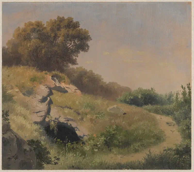 Landscape with a field road and rock cave by Arthur Blaschnik, oil painting