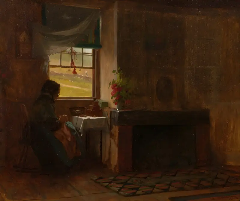 Eastman Johnson's 'Interior of a Farmhouse in Maine' captures a serene domestic scene.