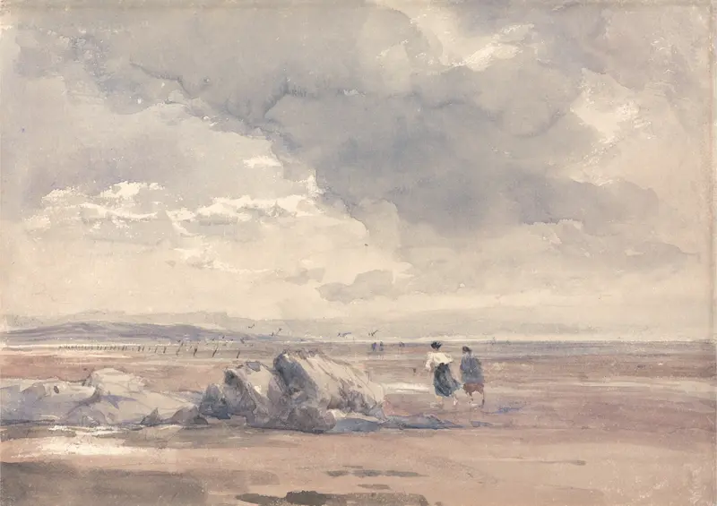 Marine scene depicting low tide at Lancaster Sands, oil painting by David Cox