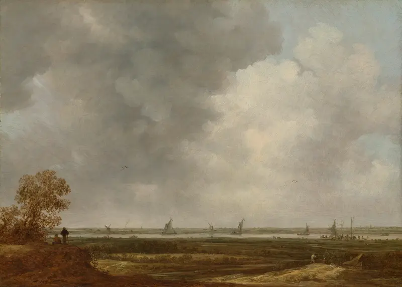Panoramic view of a river with low-lying meadows, oil painting by Jan van Goyen