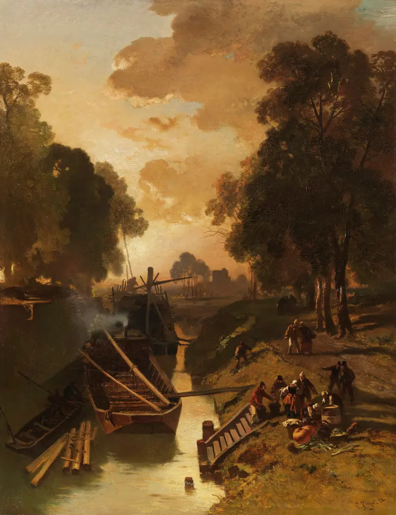 Entladen der Lastkähne by Charles Hoguet, oil on canvas, depicts figures unloading boats by a river.