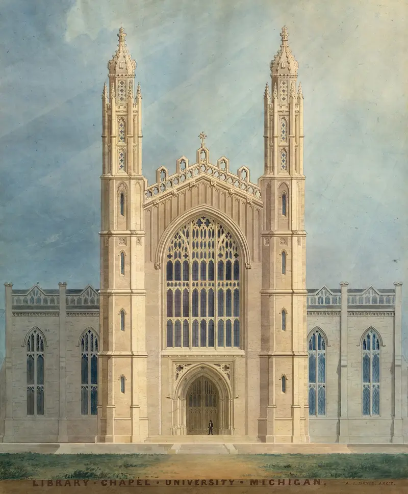 Gothic architecture of Library and Chapel, University of Michigan by Alexander Jackson Davis