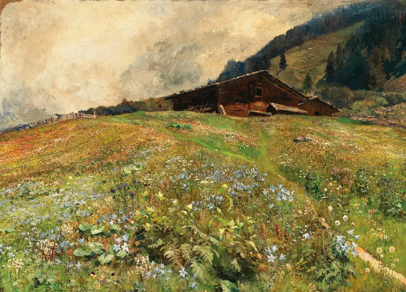 Alpine meadow with wildflowers, oil on canvas by Marie Egner