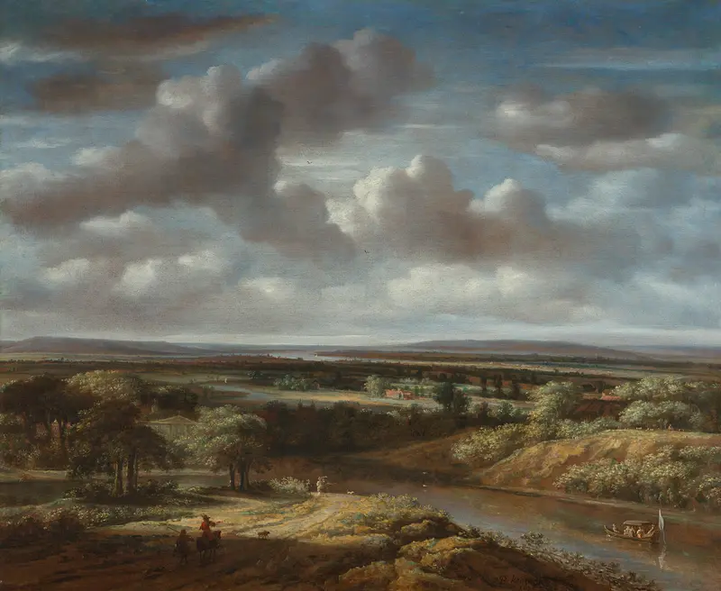 River landscape oil painting by Philips Koninck depicting a serene river and horizon.
