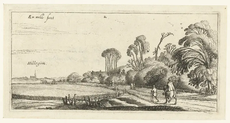 Etching by Esaias van de Velde depicting a hiker on a road in a hazy landscape
