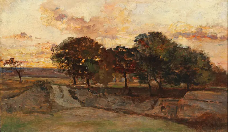 Landschaftsstück by Marie Egner, Impressionism, featuring vibrant hues and lush grass.