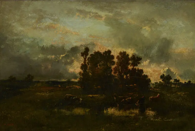 Wet Pasture by Narcisse-Virgile Diaz de La Peña, oil painting depicting a green meadow with dewdrops.
