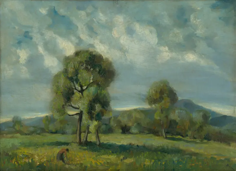 Liptov Landscape with Trees by Zolo Palugyay, oil painting depicting green trees and hills.