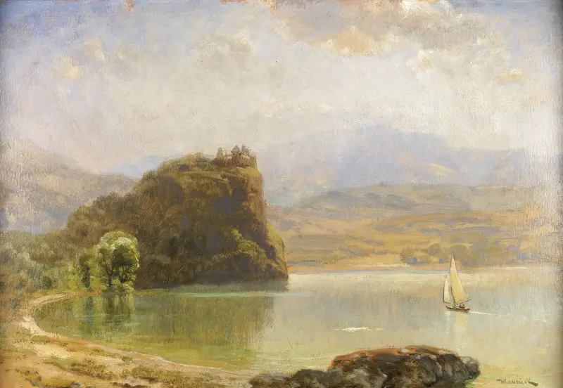 Landschaft mit Burg by Anton Hlavacek, oil on canvas depicting a castle surrounded by nature.