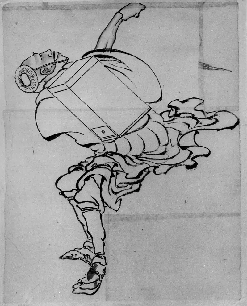 A street vendor selling fans, capturing a moment of daily life in Edo period Japan.