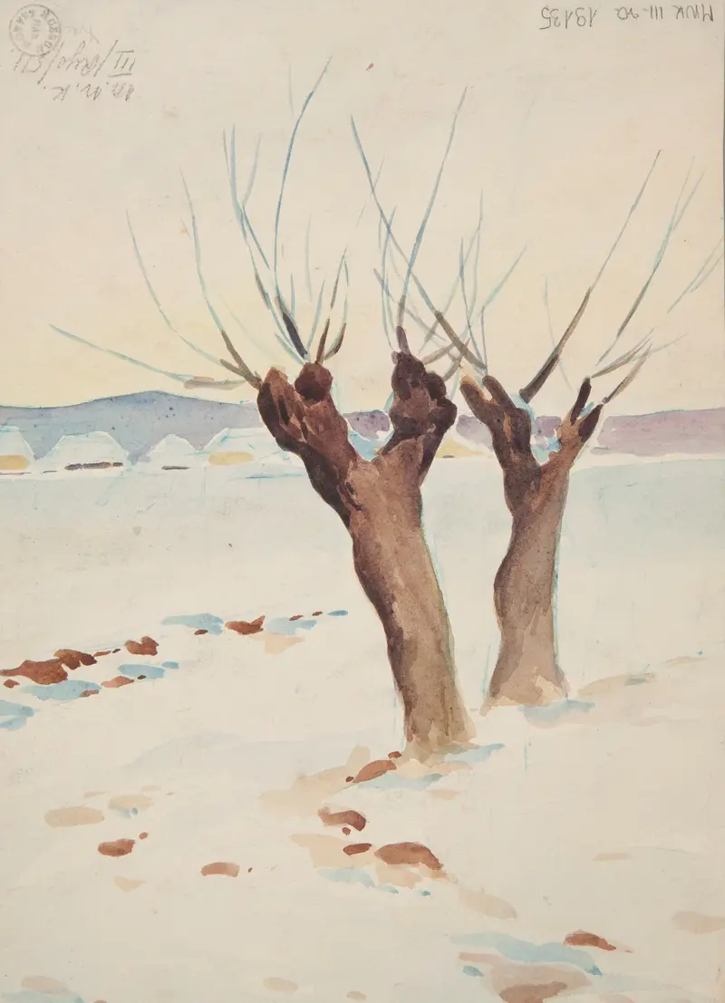 Oil painting by Ivan Ivanec depicting willows by a tranquil pond