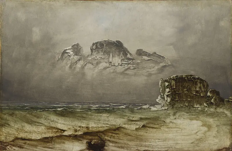 Coastal landscape oil painting by Peder Balke, featuring twilight colors and a serene horizon.