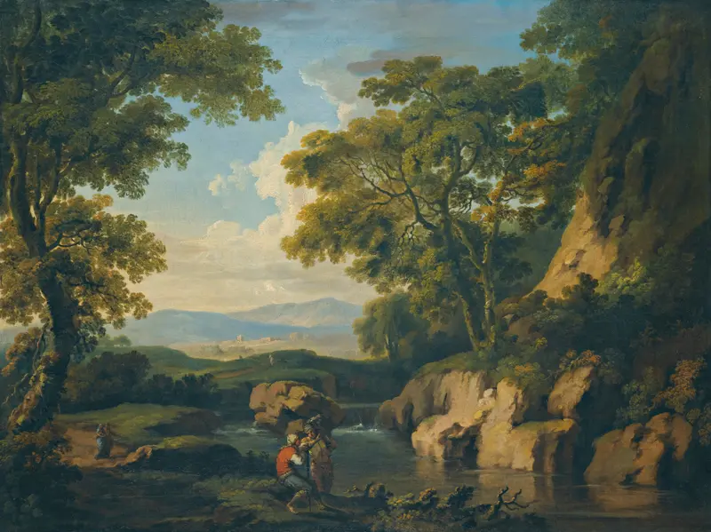 A mountainous wooded landscape with figures by a river, oil on canvas by George Barret
