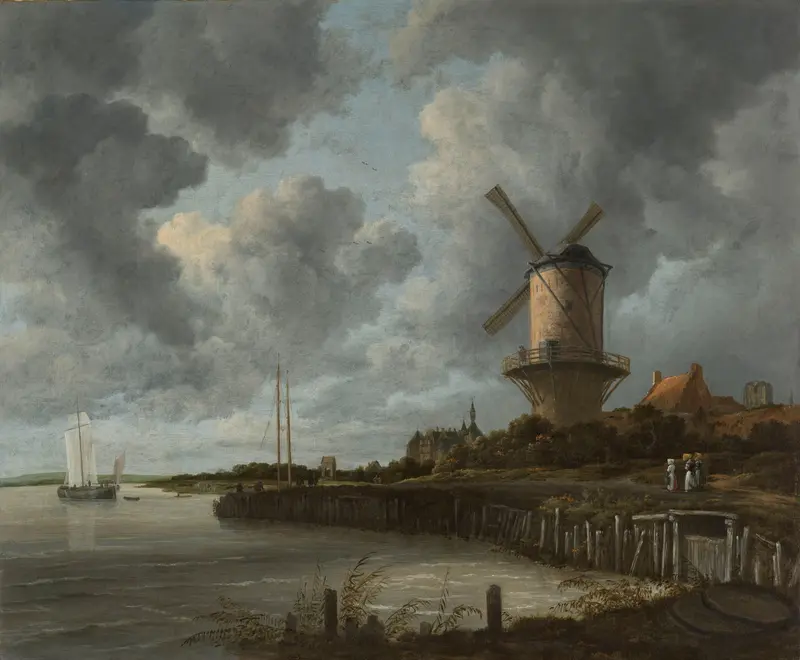A tall cylindrical windmill with angled sails stands on a riverbank surrounded by trees, buildings, three walking women, two millstones, boats on the river, and a cloudy sky.